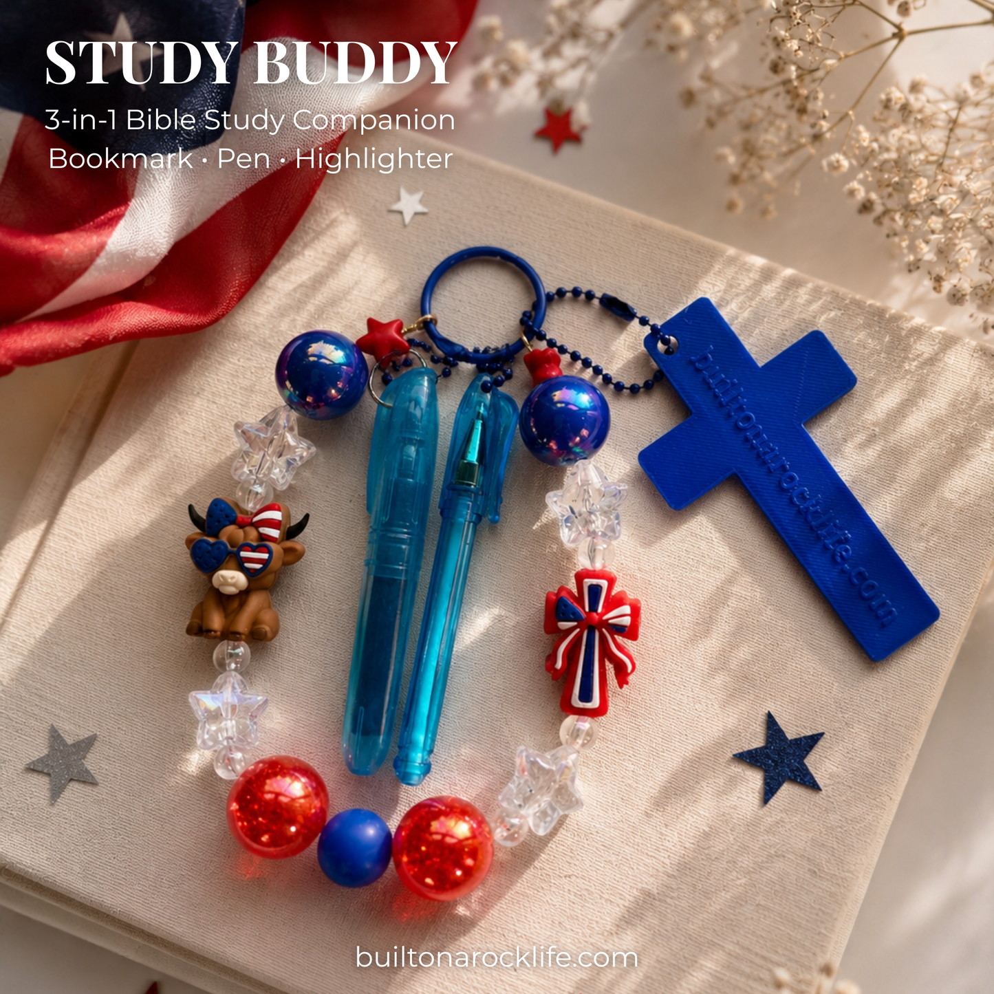 3-in-1 Christian Bookmark | Keychain | Bible Study Pen & Highlighter | Patriotic July 4 Bookmark | Bible Journal Accessory | Christian Gift