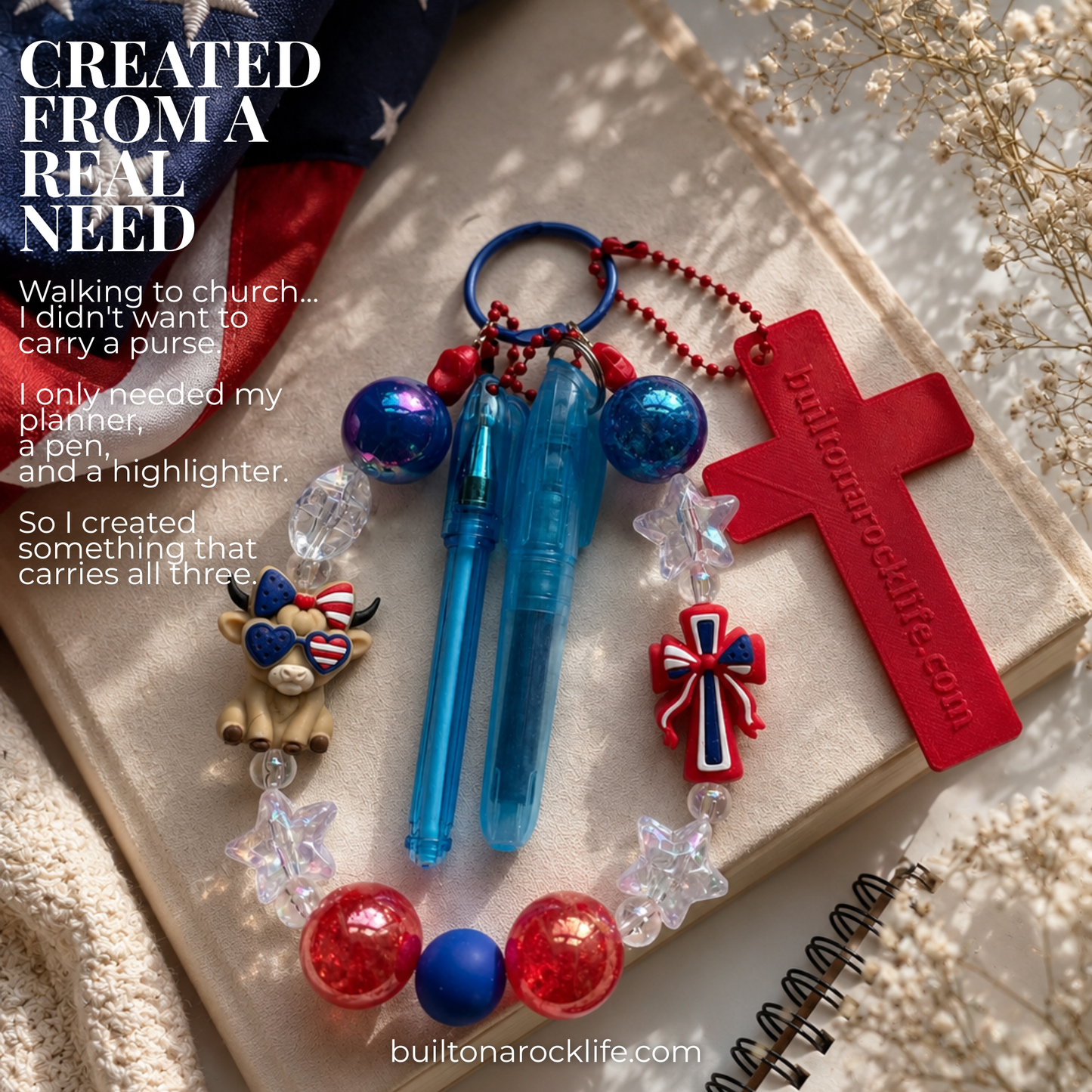 3-in-1 Christian Bookmark | Keychain | Bible Study Pen & Highlighter | Patriotic July 4 Bookmark | Bible Journal Accessory | Christian Gift
